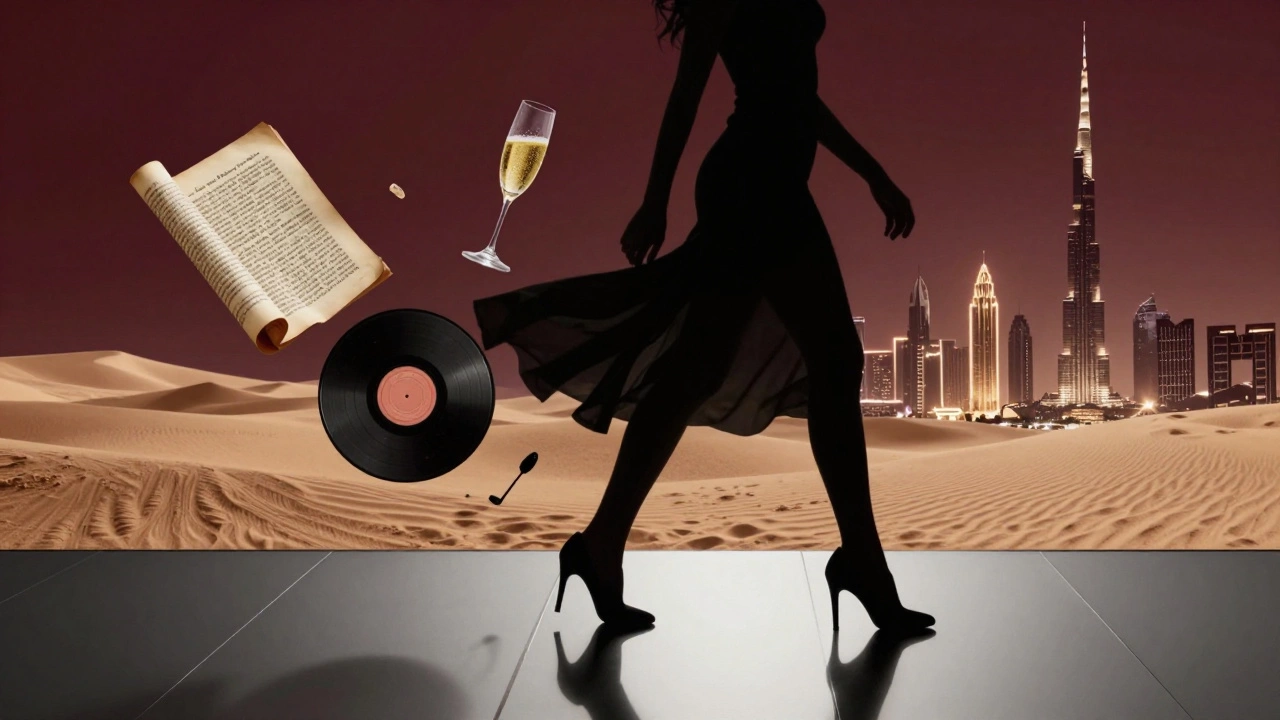 A silhouette walks across mirrored floors, reflecting books, wine, and the Dubai skyline in abstract fragments.