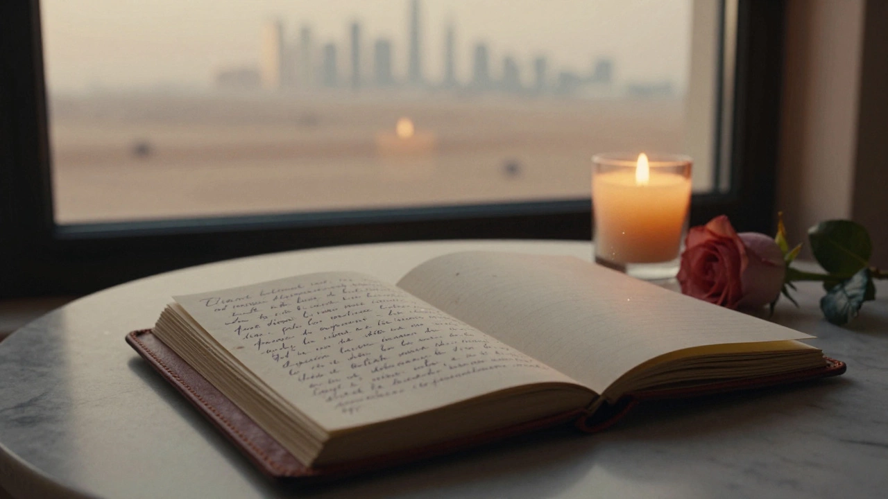 An open journal with French handwriting rests beside a rose and unlit candle, overlooking Dubai’s desert horizon.